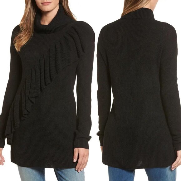 Halogen NWT Black Ruffle Front Turtleneck Ribbed Knit Long Sleeve Tunic Size XS - Picture 1 of 8